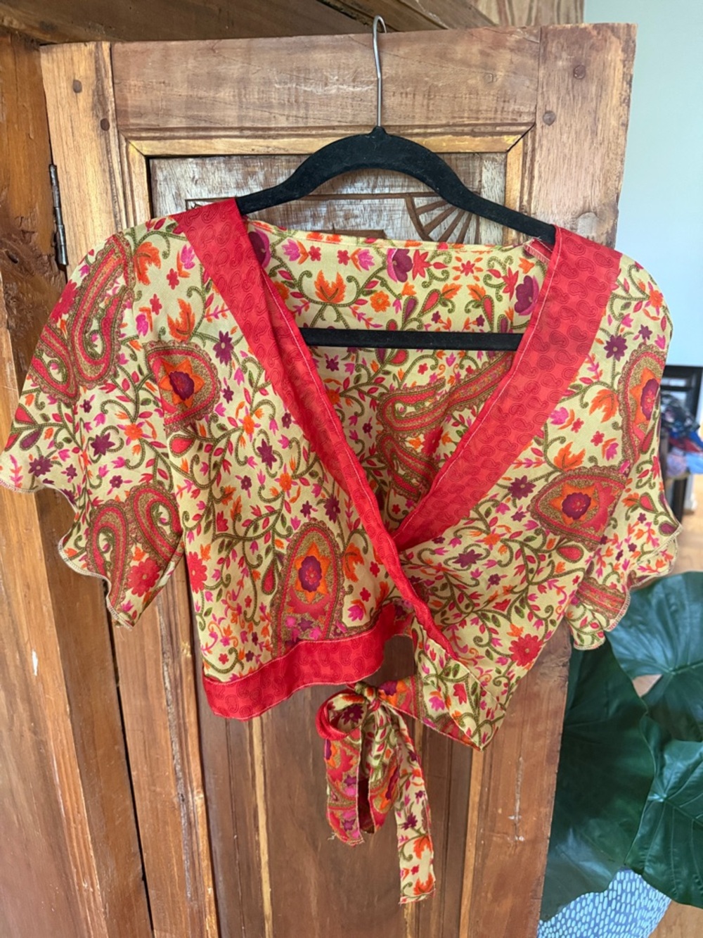 Women's Red Paisley Wrap Top - Floral Tie-back